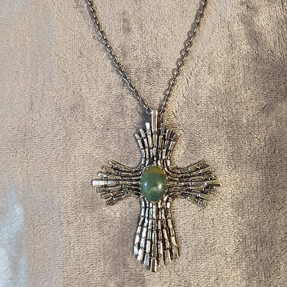 Vintage ornate large cross pendant with blue green stone on necklace